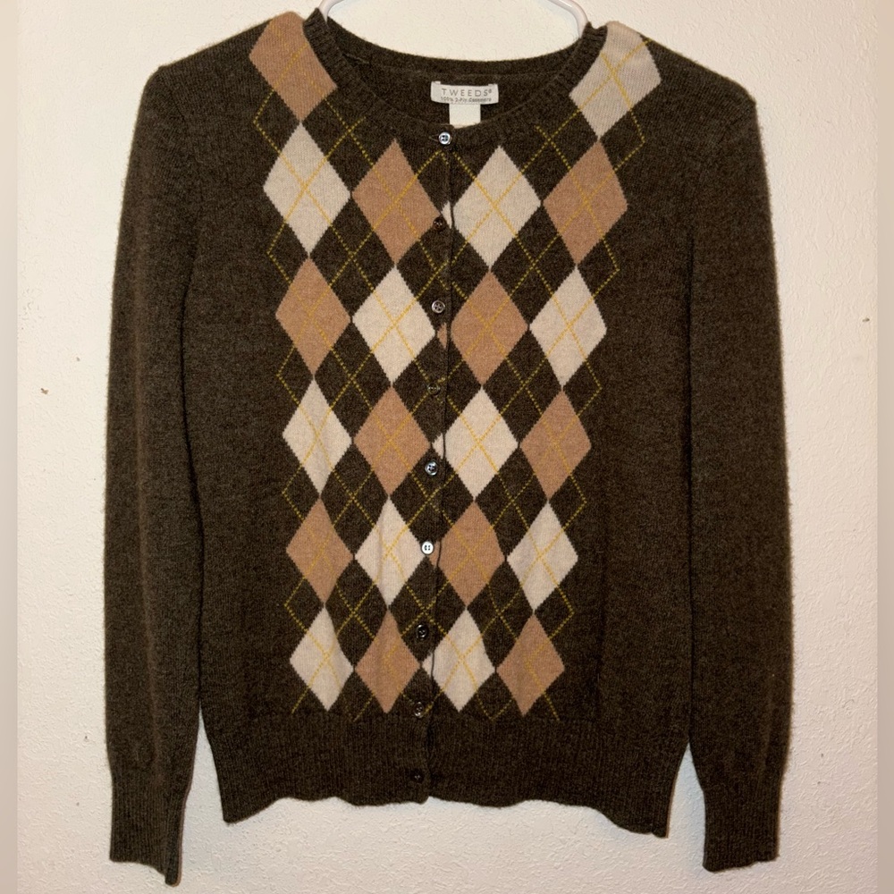 TWEEDS Olive Green Argyle Print Cardigan